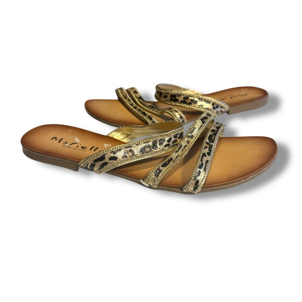 Mariella Leopard Animal Print Gold and Black Strappy Sandals Slides